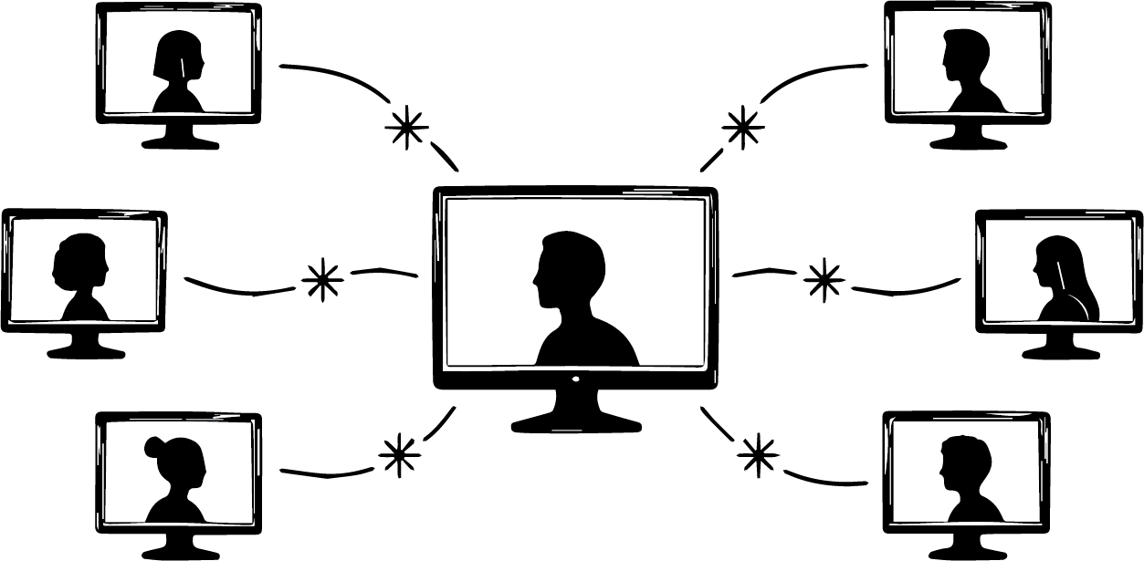 A team connected across screens, each link marked with an asterisk