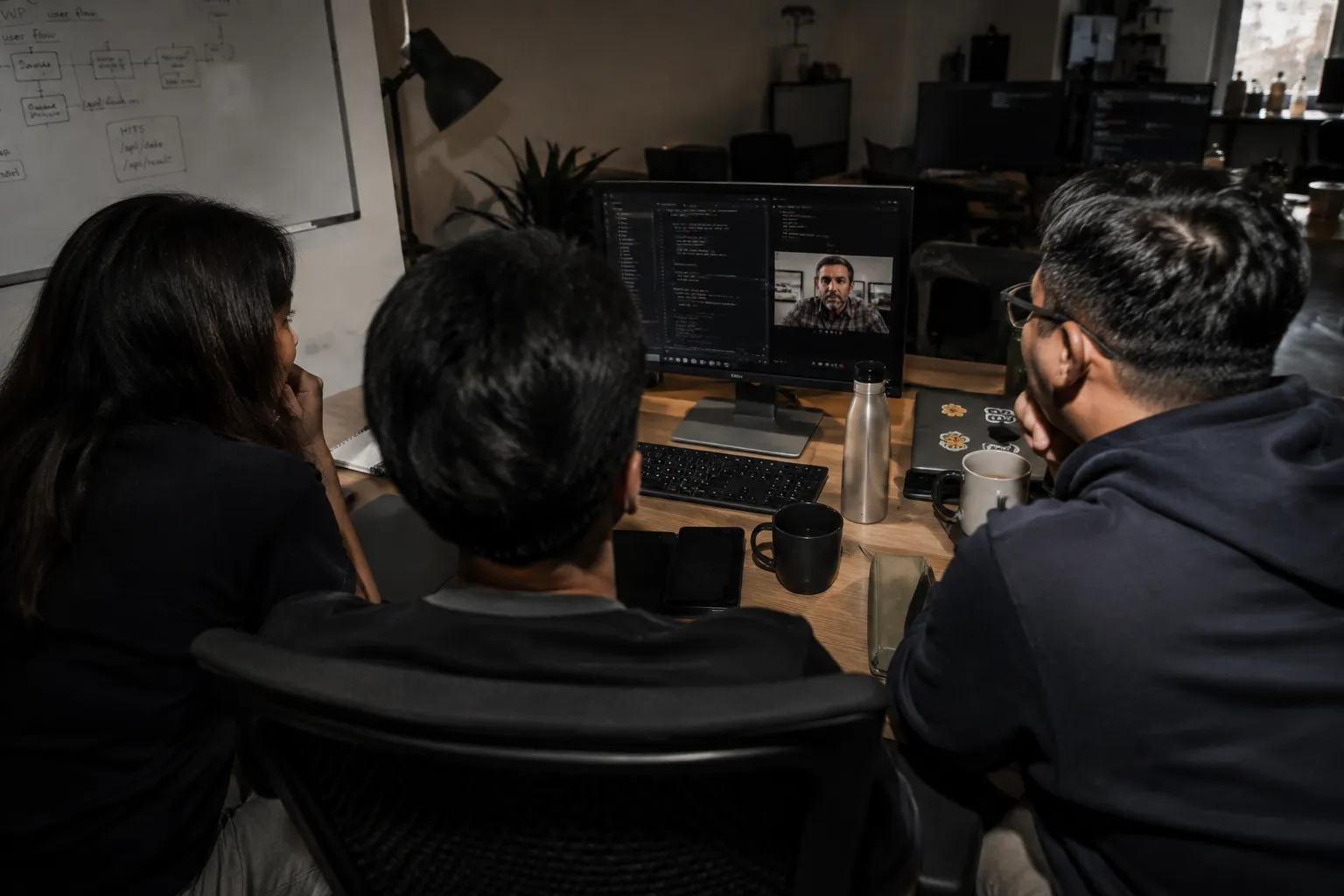 Three teammates at a desk on a video call with a remote colleague, code and a user-flow diagram on screen