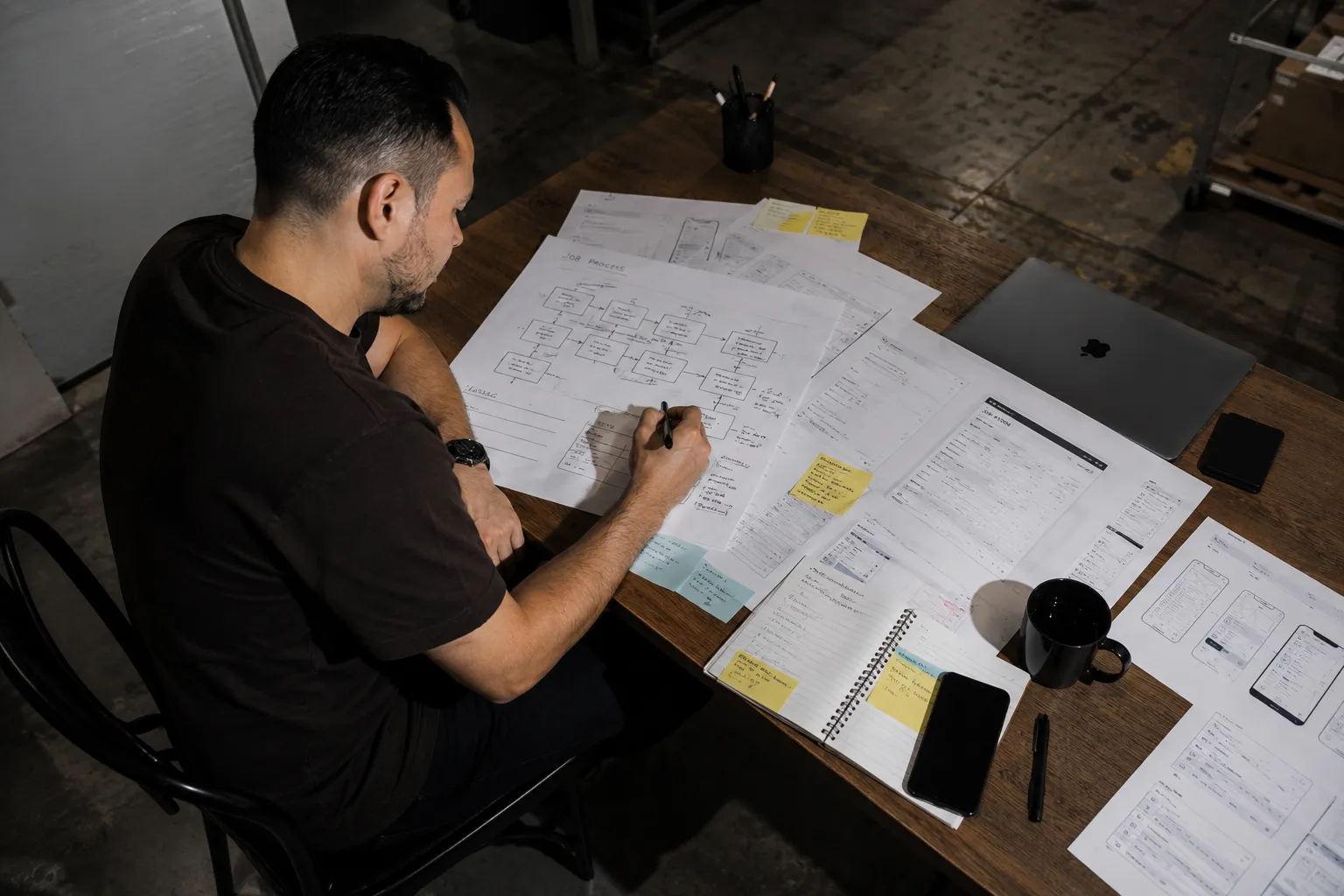 A person sketching notes over a printed job-process flowchart, surrounded by app wireframes, sticky notes and a laptop